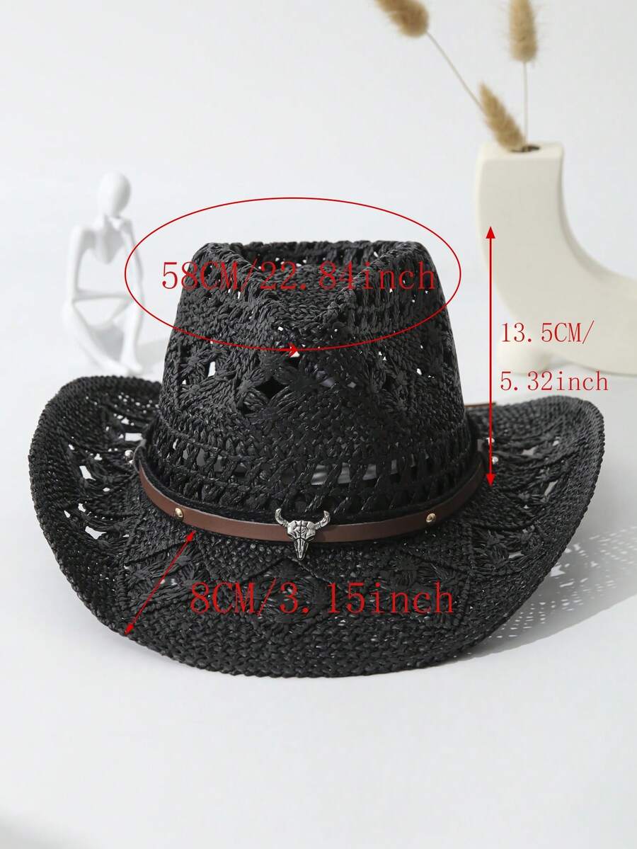 Cowboy Hat Straw - Unisex Cattle Head Decor Cowboy Hat